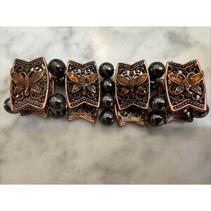 Ladies Magnetic‎ Therapy Bracelet, Orange Rhinestones W/Black Beads, Butterfly
